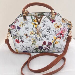 Floral White and Brown Satchel